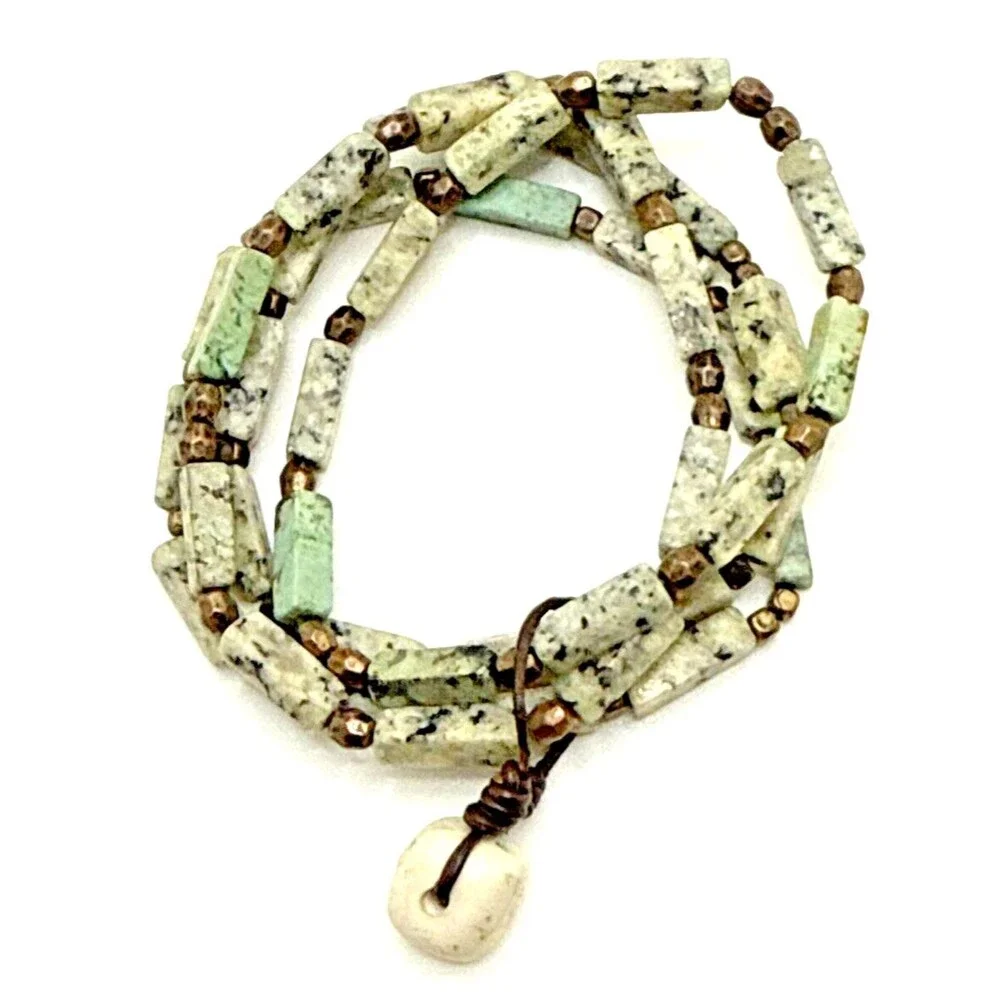 Green Moss Agate Beaded Bracelet Multi Strand Rectangle Stretch Boho Healing